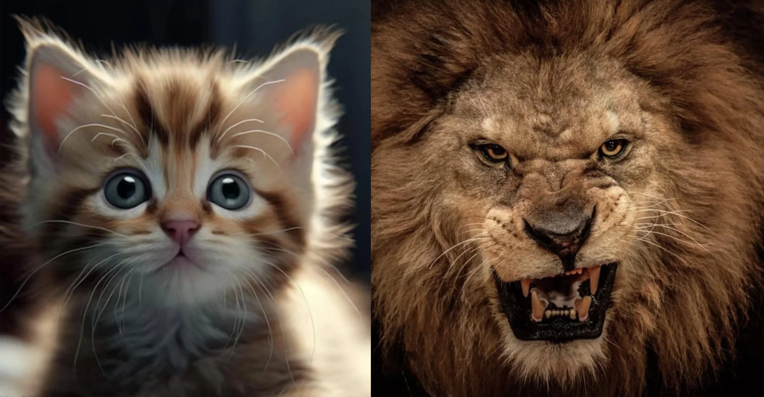 photo avec une moitié un chaton et de l'autre moitié un lion agressif comprendre nos comportements avec Laurence Verger, thérapeute holistique à Saint-Malo