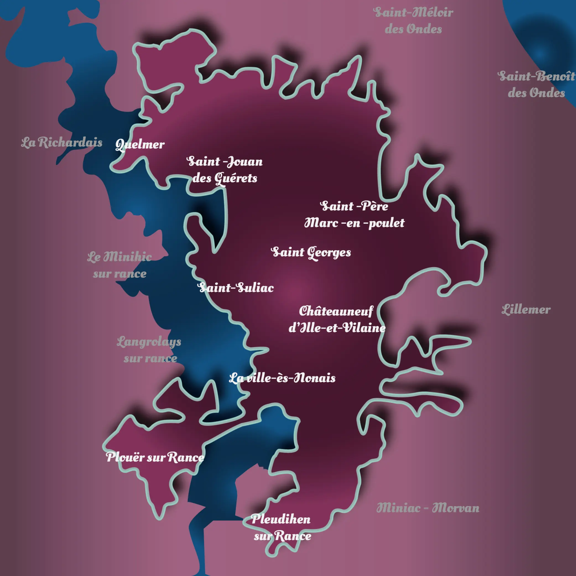 Carte de la cote d'émeraude de couleur bordeau limite de déplacement sans frais Saint Suliac Châteauneuf d'ille et vilaine la Ville-es-Nonais Pleudihen sur Rance Saint Jouan des Guérets Saint Père Marc en Poulet Plouër sur Rance infirmière holistique à domicile